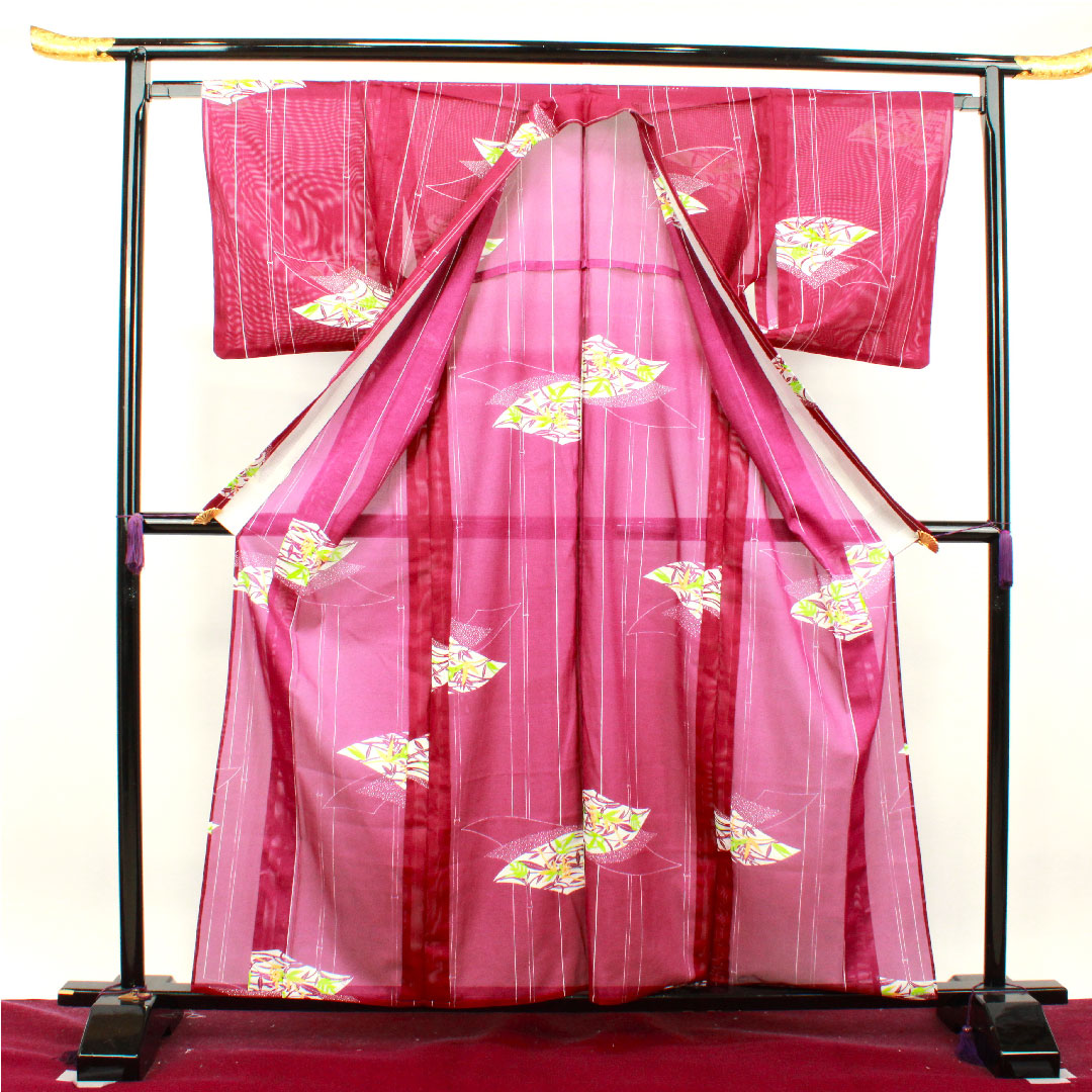 Summer kimono, polyester, small pattern, length 160.5cm, sleeve length 64cm, tsubosumireiro (purple), bamboo, fan surface, washable kimono, silk, S rank, purple, 1132001422420