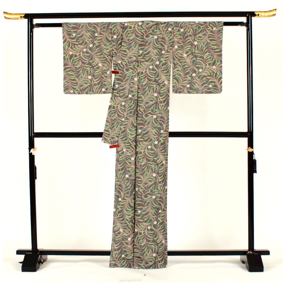 小紋 身丈167cm 裄丈63.5cm 単衣  洗える着物 草花模様  ポリ Sランク グレー系 1115002002522