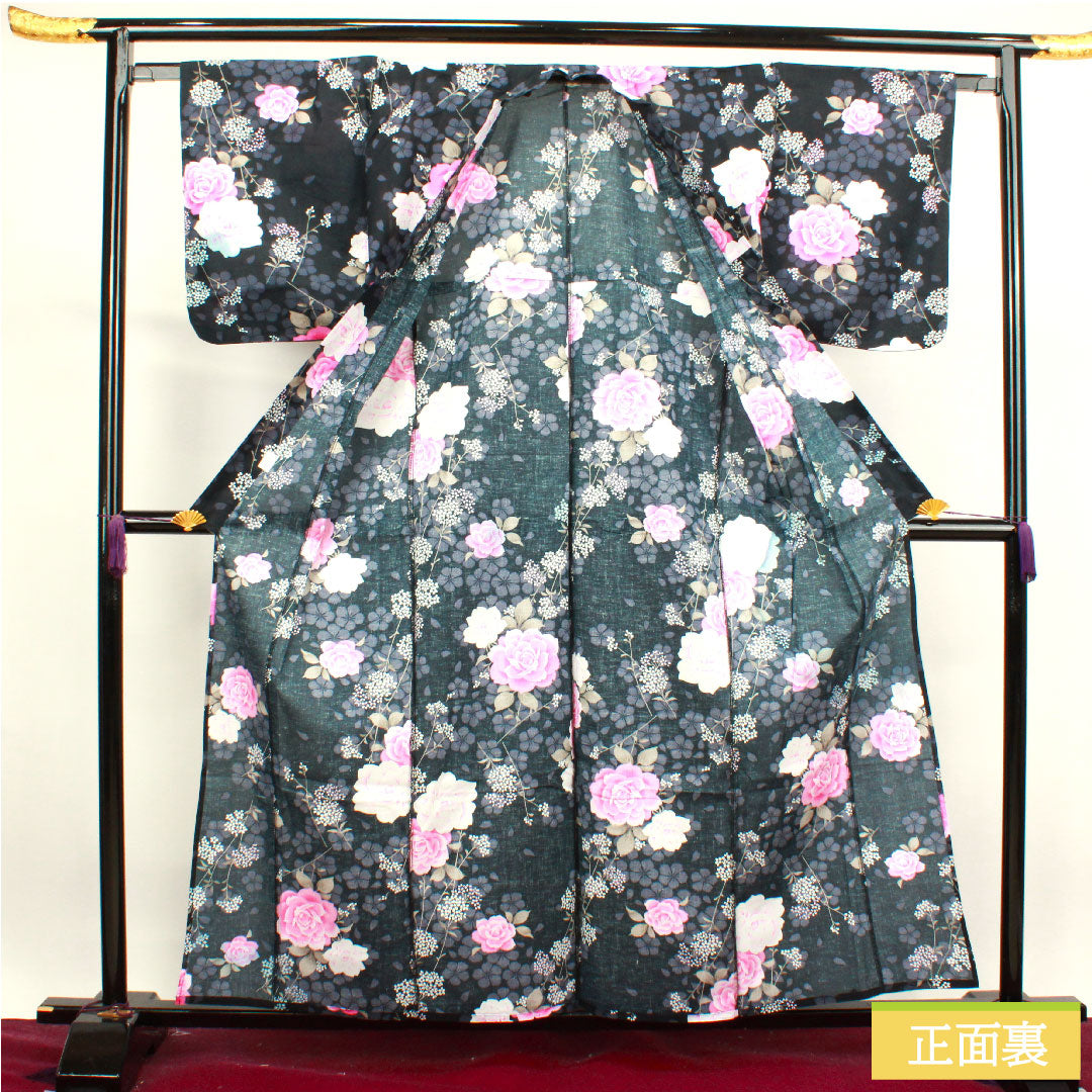 浴衣 木綿 身丈159cm 裄丈64.5cm Bランク 単衣 黒系 薔薇 カスミソウ 桜 1118004554310