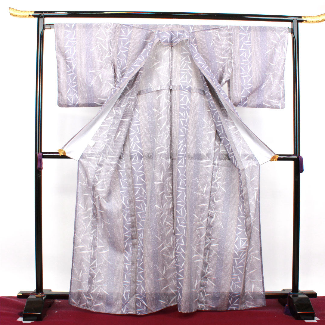 Summer kimono, polyester, small pattern, length 166cm, sleeve length 65cm, medium-light purple, bamboo leaves, stripes, washable kimono, silk, S rank, purple, 1132001482520