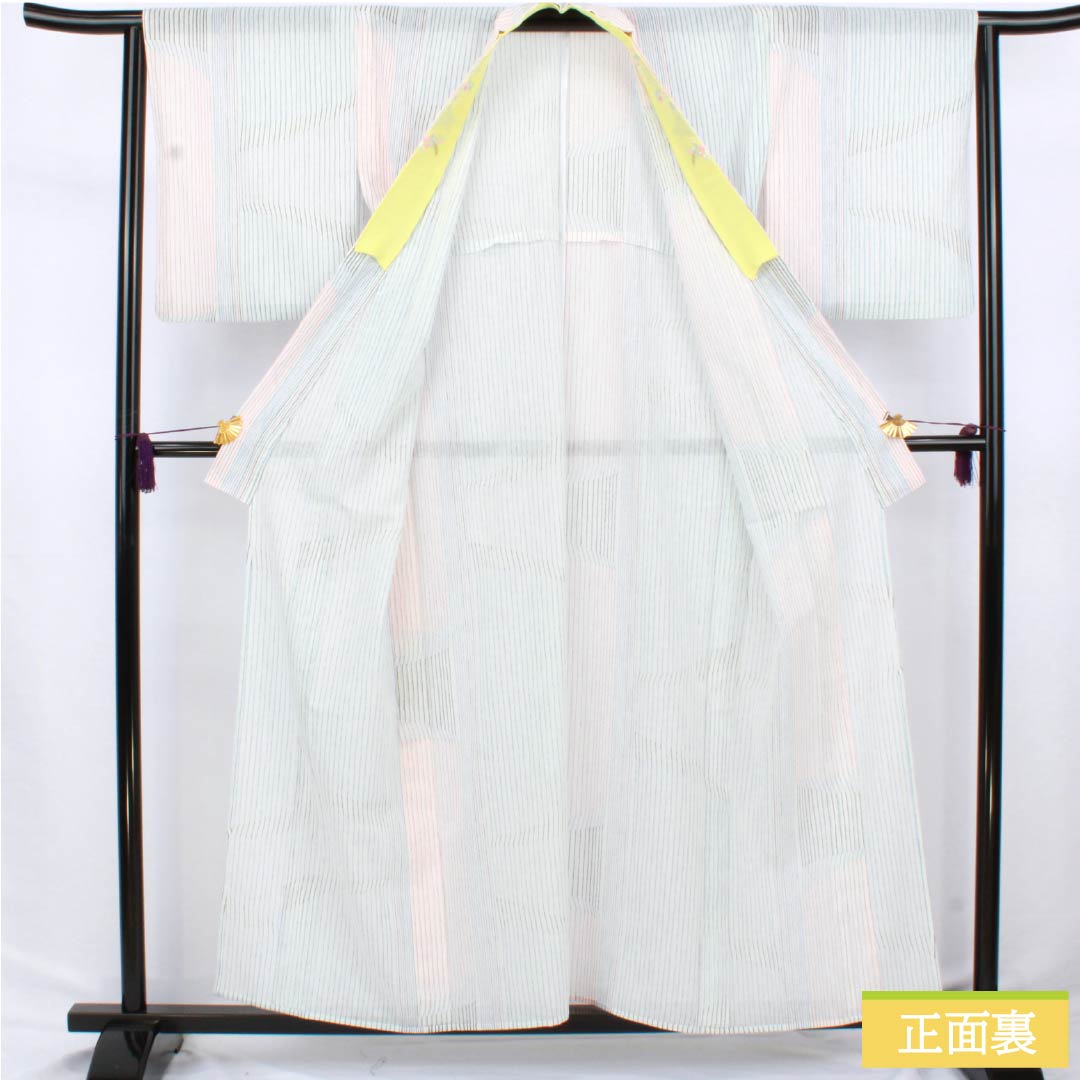 Summer polyester komon kimono, length 157.5cm, sleeve length 64.5cm, striped, washable, embroidered, gauze, S rank, white, 1132002552311