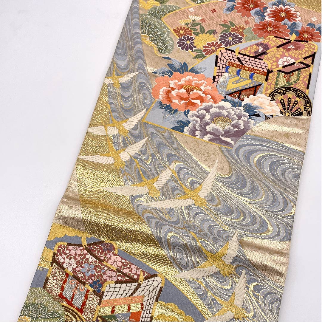 【未仕立】袋帯 正絹 Sランク 純金箔 御所車 扇面 鶴  帯丈433.5cm 六通 フォーマル 金系 1123006022321