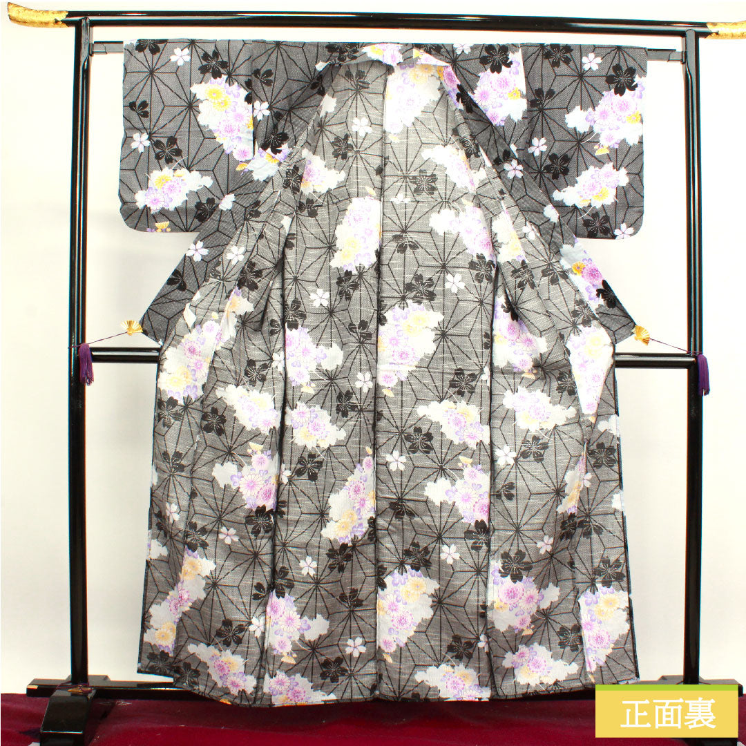 Yukata Cotton Length 160cm Sleeve length 64cm S rank Single layer Black Hemp leaf Chrysanthemum Cherry blossom 1118004532410