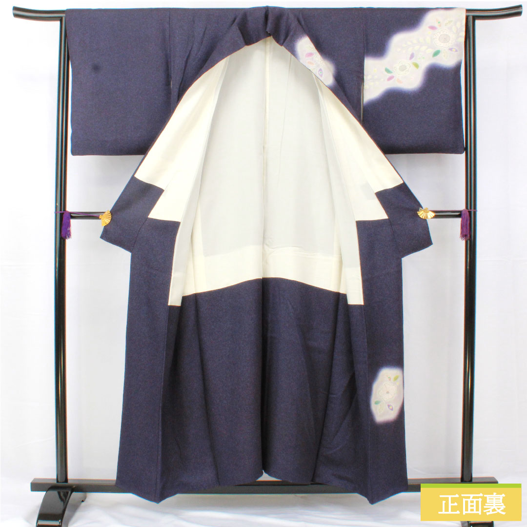 訪問着 正絹 袷 身丈154cm 裄丈63cm 鉄葡萄色（てつぶどういろ） 辻ヶ花 タタキ染 Aランク 紺系 1112005133218