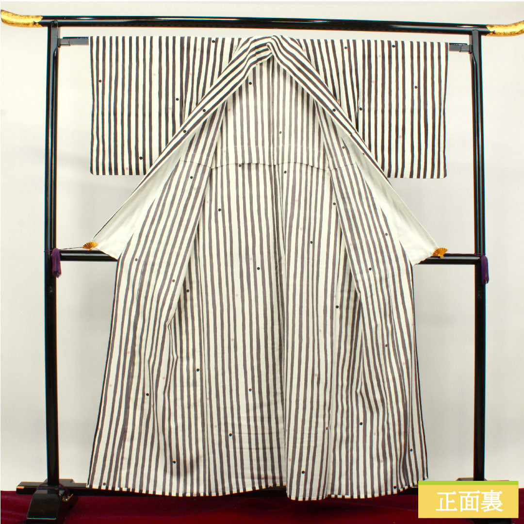 小紋 ポリエステル 身丈157cm 裄丈63cm 単衣 モノトーン 洗える着物 縞 水玉 Aランク 白系 1115004013311