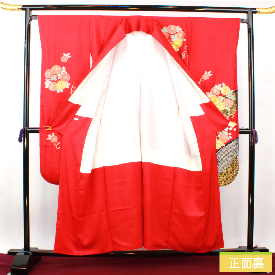 Furisode, pure silk, length 154.5cm, sleeve length 66cm, lined, Turkish red, Kyoto Yuzen, chrysanthemum, A rank, red, 1113001983212