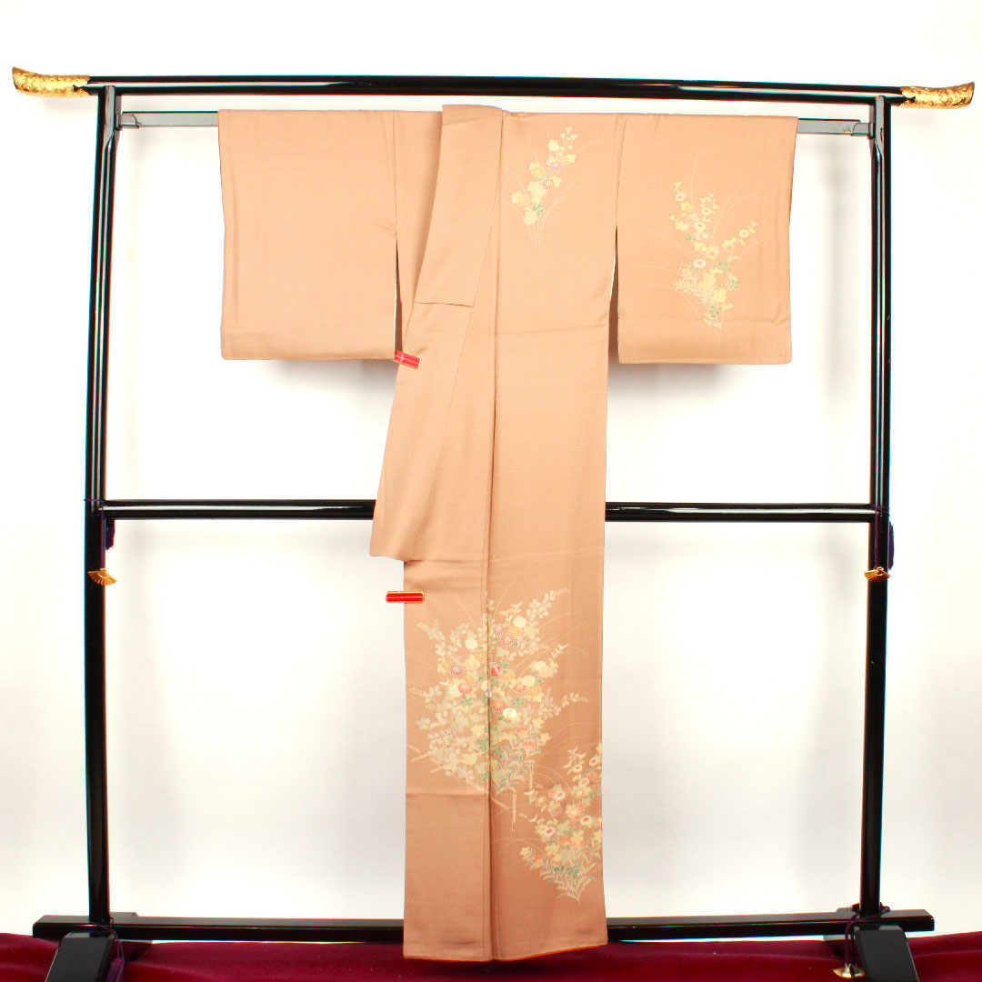 Homongi, lined, length 159cm, sleeve length 64cm, Shiba dyeing, floral pattern, pure silk, S rank, brown, 1112001582314