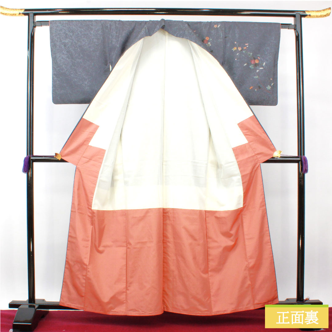Homongi, pure silk, lined, length 161cm, sleeve length 63cm, grayish blue, Oshima Tsumugi, floral pattern, artist's work, A rank, gray, 1112004013422