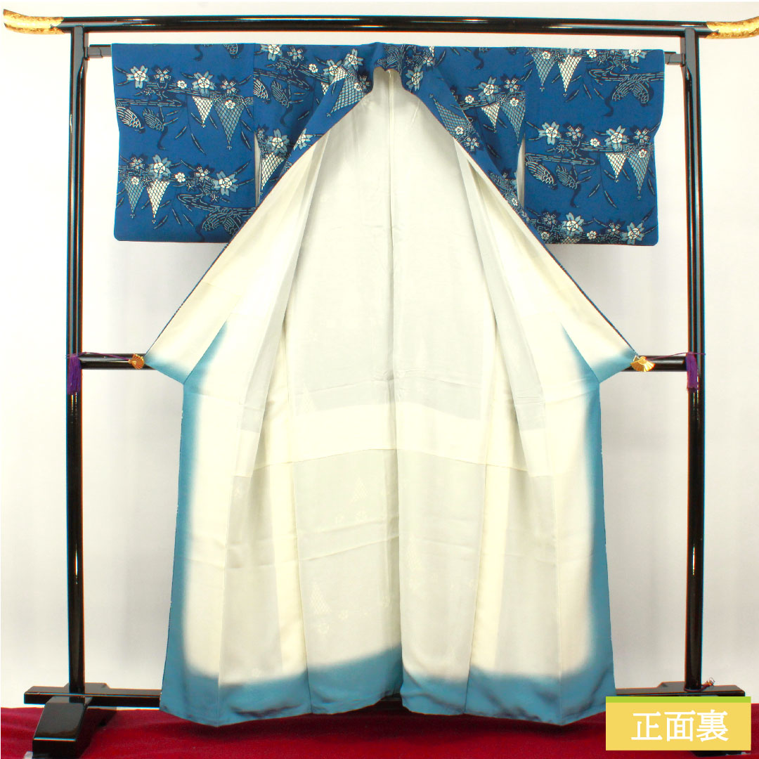 Komon, pure silk, length 158.5cm, sleeve length 65cm, lined, navy blue bellflower color, Kyoto Bingata, swan, cherry blossom, flowing water, S rank, navy blue, 1115004182318