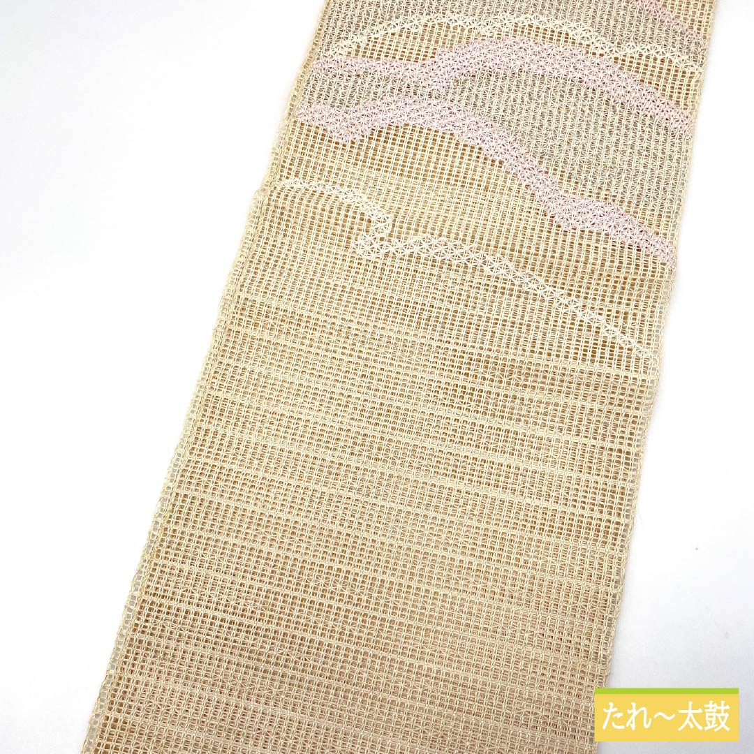 Nagoya Obi, Pure Silk, Off-White, Summer Obi, Abstract Pattern, 350cm Length, Rank B, Pointed Pattern, Semi-Formal, Beige, 1124008794325, Open-Leaf Style