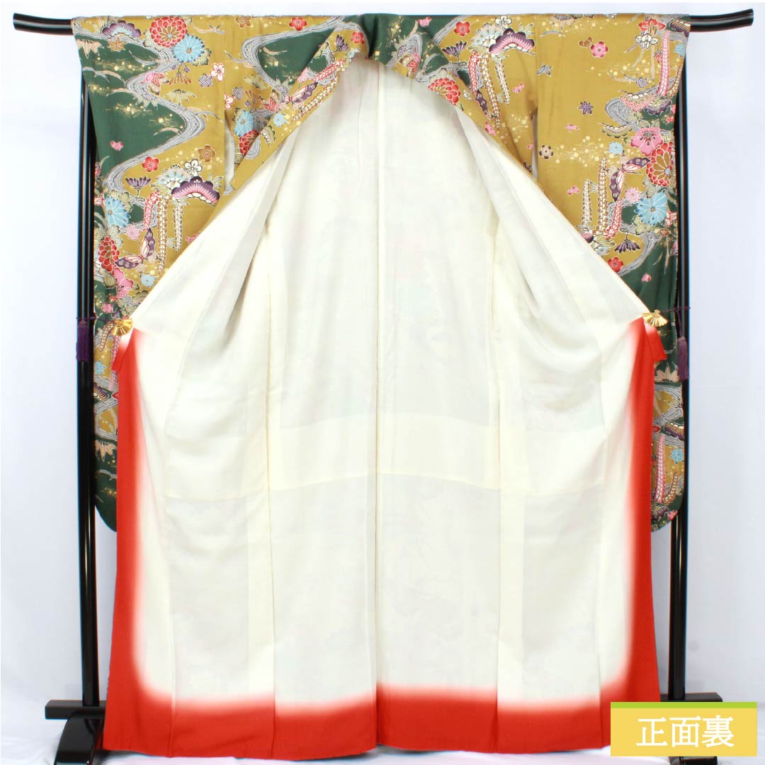 Furisode (long-sleeved kimono) made of pure silk, grade A, length 168cm, sleeve length 68cm, lined, rapeseed oil color (natane-aburairo), Kyoto Yuzen sash pattern, Keicho pattern, yellowish pongee fabric, product number 1113002523523