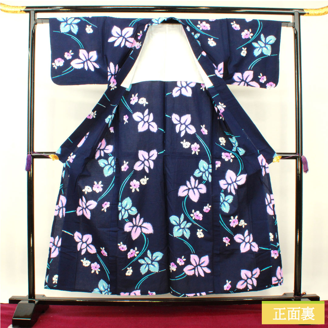 Yukata Cotton Length 156cm Sleeve length 64.5cm S rank Single layer Navy Deep navy Iris Camellia 1118005182318