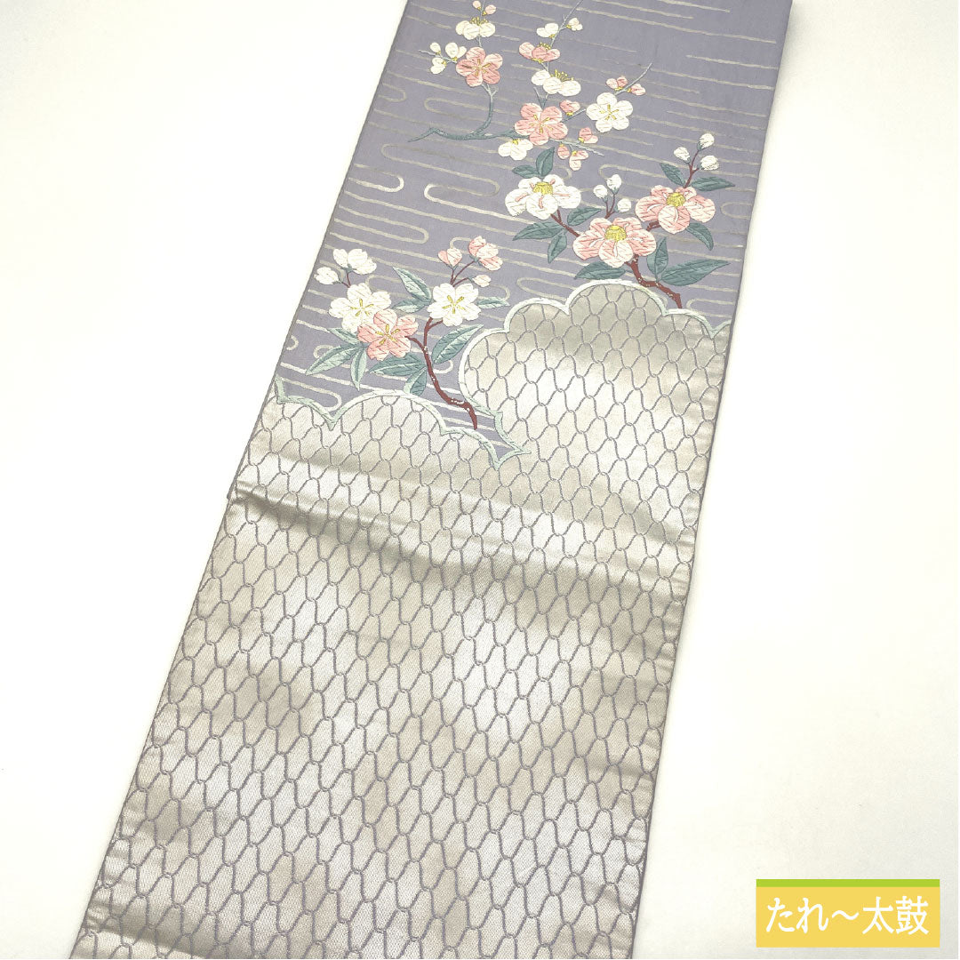Formal obi, pure silk, grade A, white wisteria, Karaori weave, cherry blossom and plum blossom motifs, length 424cm, purple accent pattern, 1123016073320