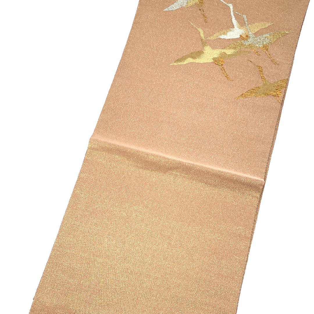 袋帯 薄赤色（うすあかいろ） 鶴 金糸 帯丈452cm 正絹 Sランク ポイント柄 フォーマル 茶系 1123007622414