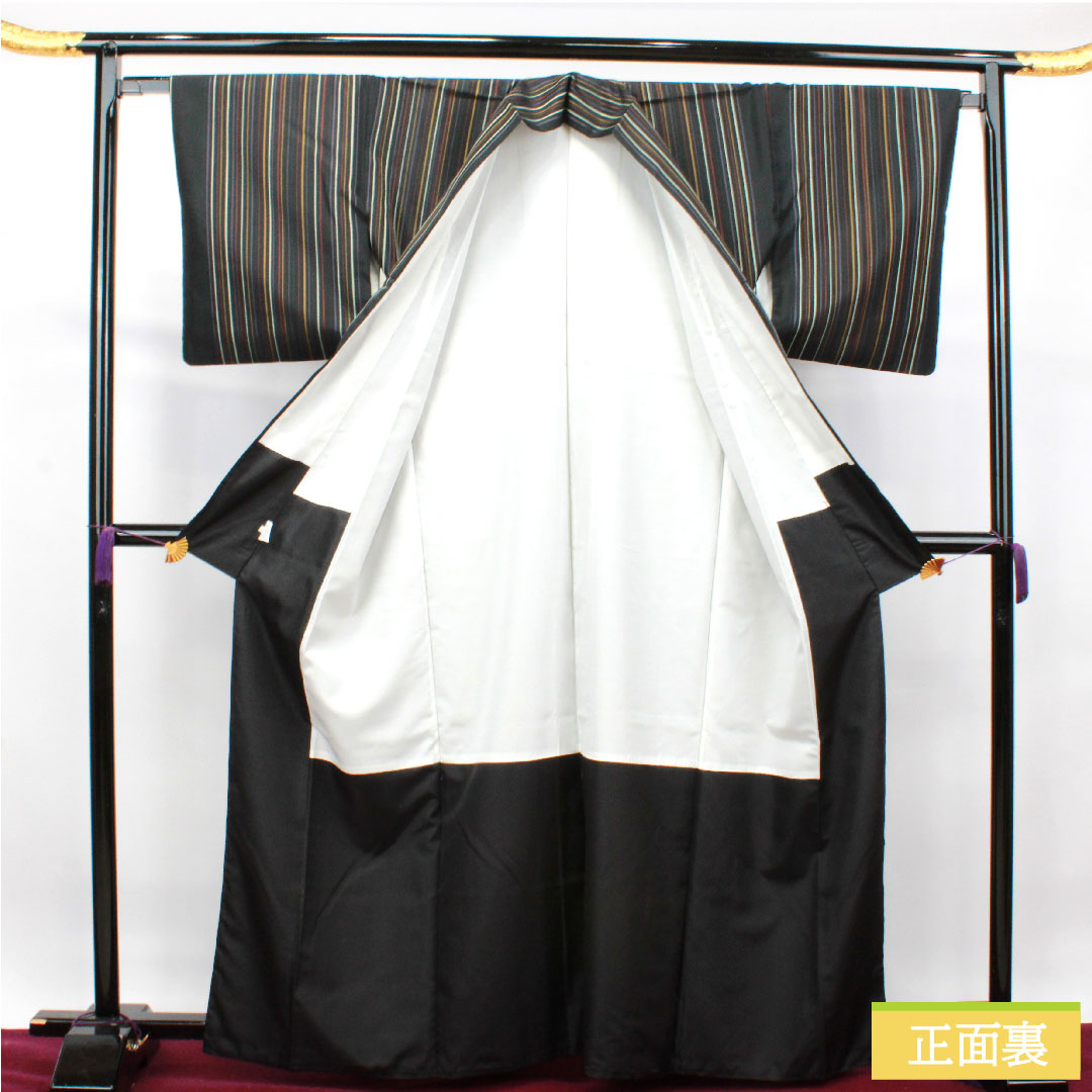 小紋 ポリエステル 身丈164.5cm 裄丈65cm 袷  洗える着物 縞模様  Sランク 黒系 1115003952410