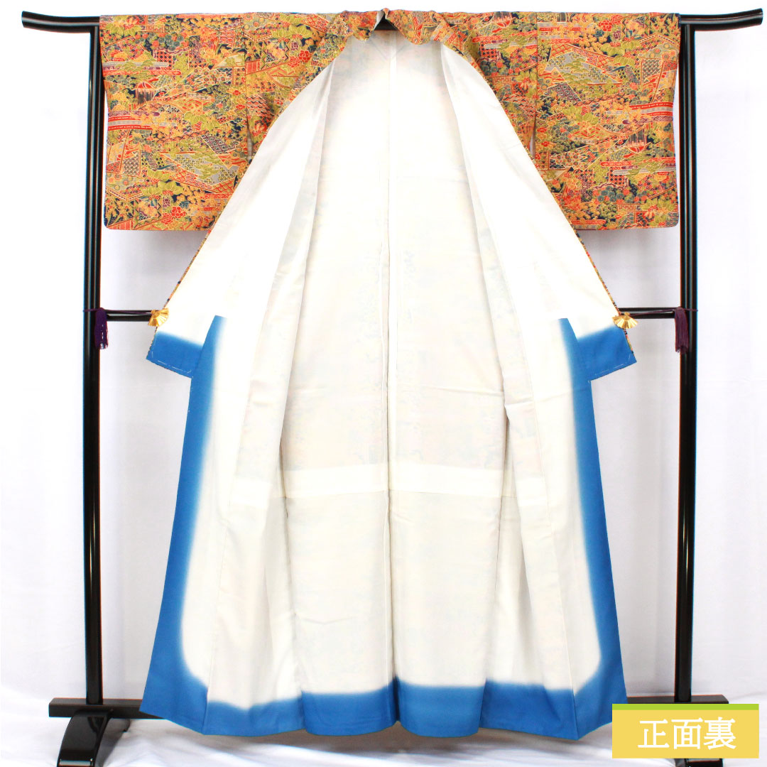 小紋 ポリエステル 身丈160cm 裄丈63.5cm 袷 紺藍色（こんあいいろ） 洗える着物 吉祥文様 Sランク 紺系 1115004612418