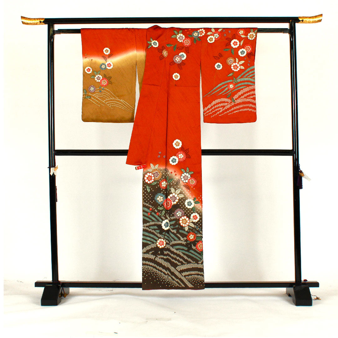 Homongi, lined, length 158cm, sleeve length 64cm, tie-dyed, floral pattern, pure silk, B rank, brown, 1112001044314