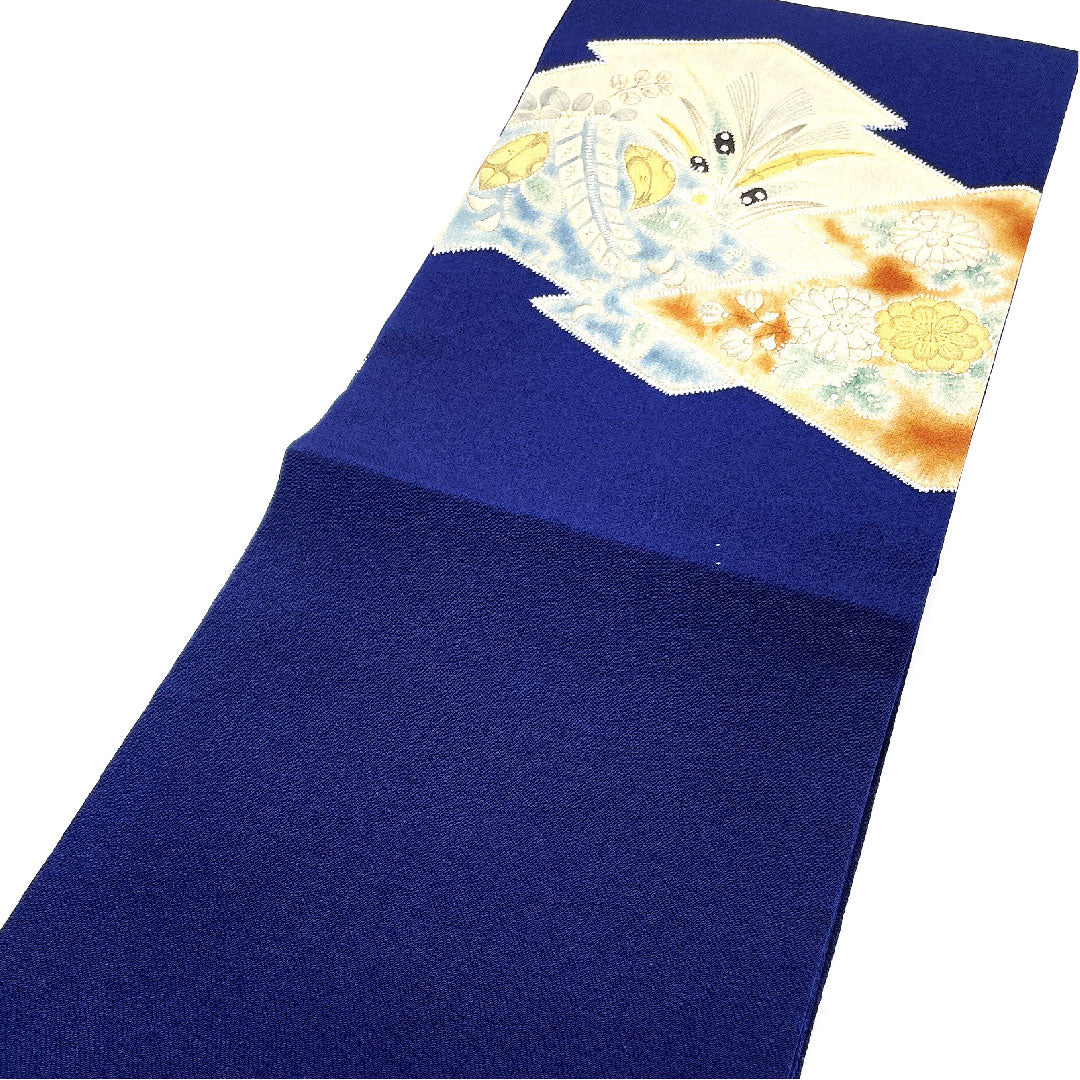 名古屋帯 松皮菱 花模様 染帯 縮緬帯丈380.5cm 正絹 Aランク ポイント柄 カジュアル 紺系 1124001583318  名古屋仕立て