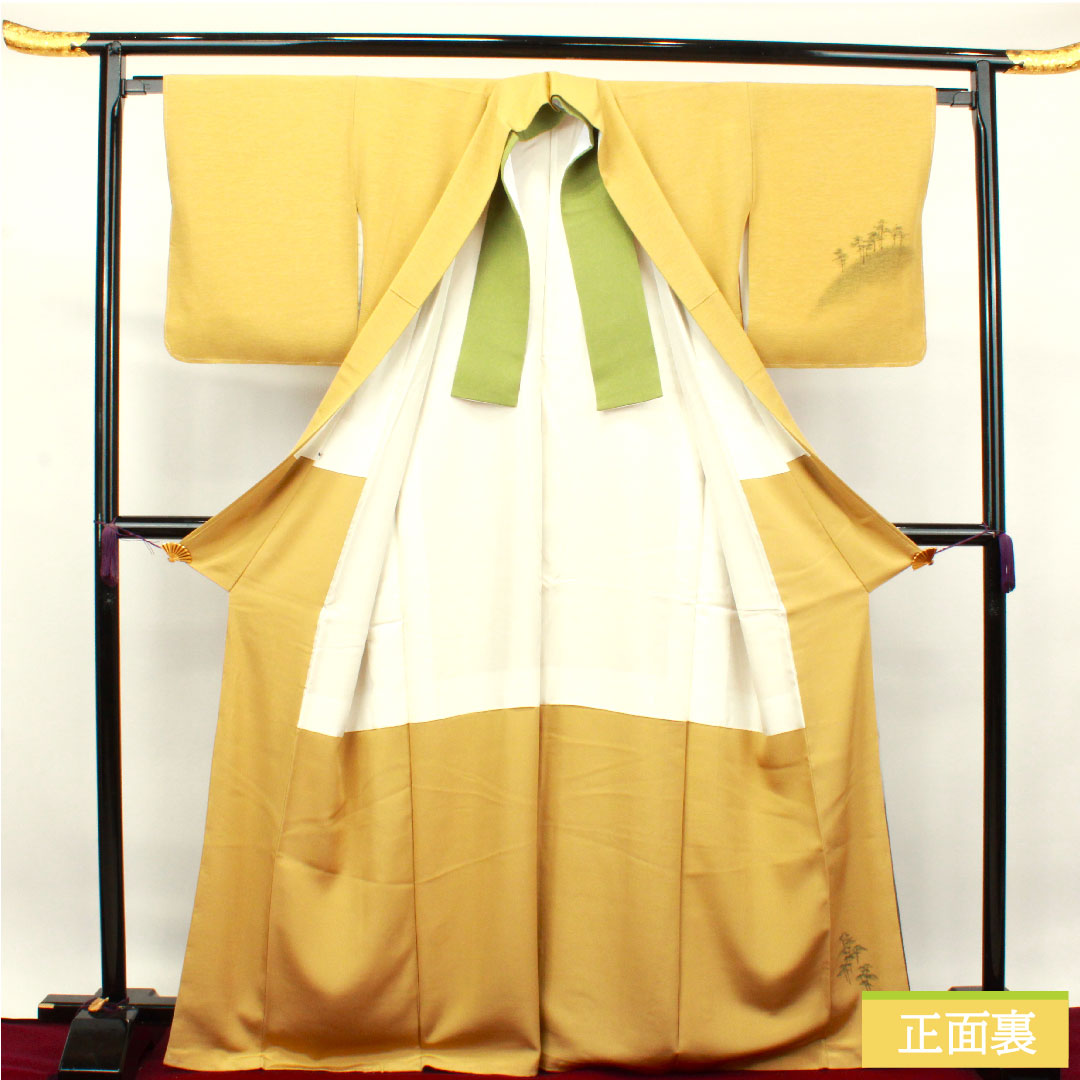 Homongi, pure silk, lined, length 167cm, sleeve length 64cm, plum color, landscape pattern, artist's work, basting thread included, unused, S rank, yellow, 1112003382523