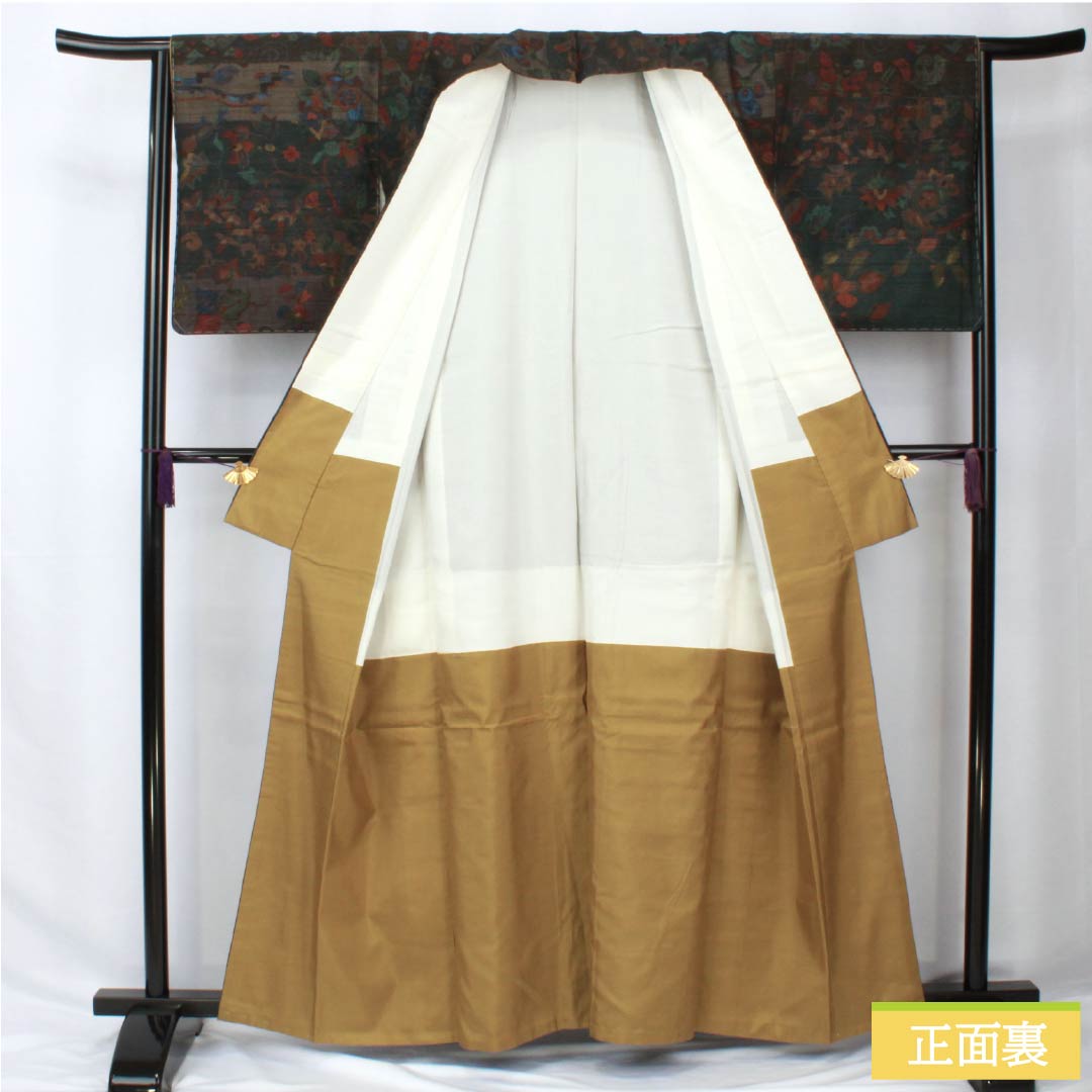 Pure silk tsumugi (pongee) with a horizontal stripe and abstract pattern, length 160.5cm, sleeve length 64cm, iron-colored, Ojiya tsumugi, grade A, lined, green, product number 1116003843419