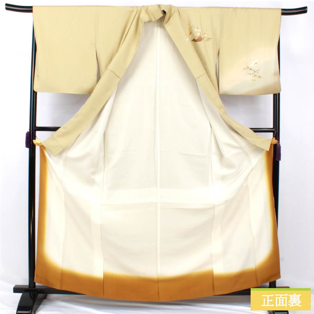 Visiting Kimono, Pure Silk, Rank B, Lined, Length 165.5cm, Sleeve Length 67cm, Pale Yellowish Brown, Gold Accents, Flowing Water and Crane Design, Yellowish Color, Product Number: 1112006904523