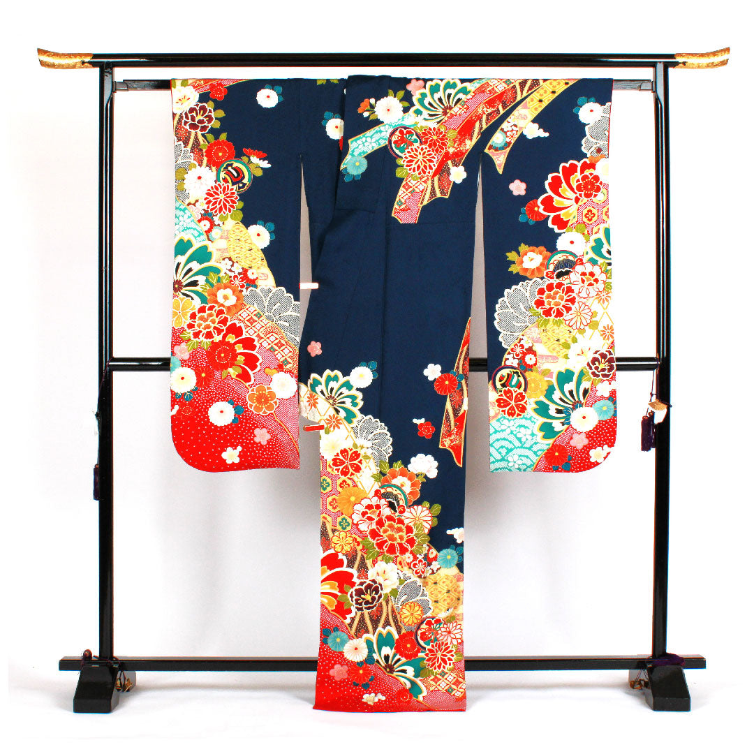 振袖 身丈170cm 裄丈68cm 袷  京友禅 熨斗に花模様 ポリエステル Sランク 紺系 1113000532618