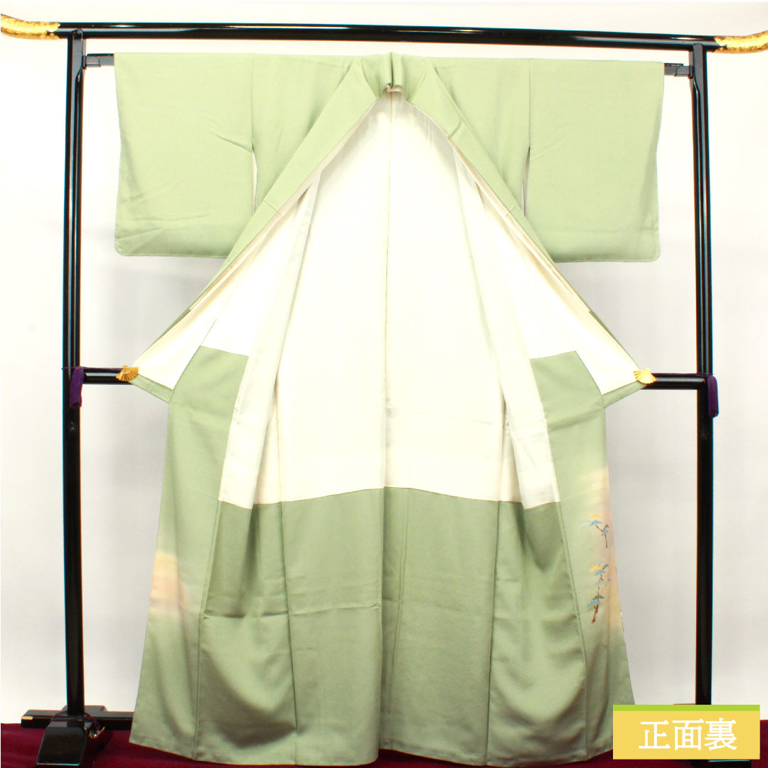 色留袖 正絹 身丈165cm 裄丈64.5cm 袷 裏葉色（うらはいろ） 京友禅 大名行列 梅鉢 一つ紋 しつけ糸付き 未使用品 Sランク 一つ紋 緑系 1111001202519