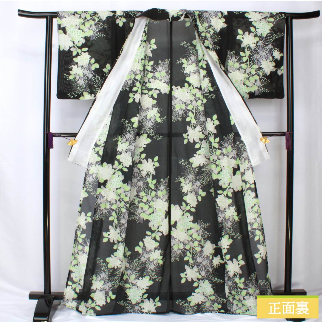 Summer kimono, polyester, small pattern, length 167cm, sleeve length 63.5cm, hydrangea, iris, washable kimono, silk, A rank, black, 1132002283510