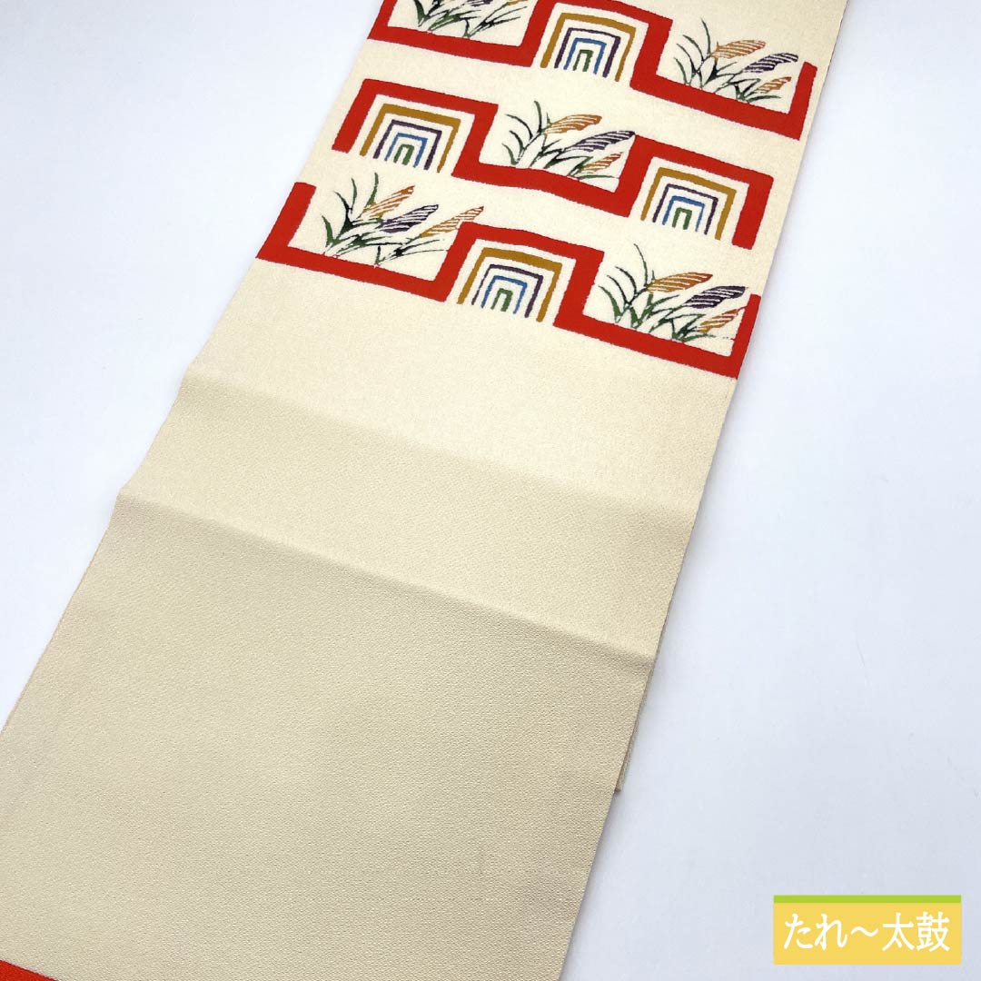 Nagoya obi, natural color (kinariiro), crepe fabric, stencil dyed, Japanese silver grass, obi length 376cm, pure silk, S rank, point pattern, casual, cream color, 1124008242315, Nagoya tailoring