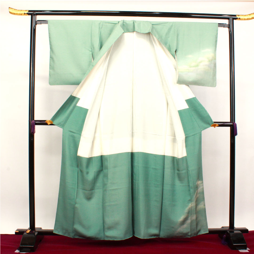 Homongi, pure silk, lined, length 161cm, sleeve length 62.5cm, bean blue, Ushiku Tsumugi, abstract pattern, A rank, green, 1112003263419