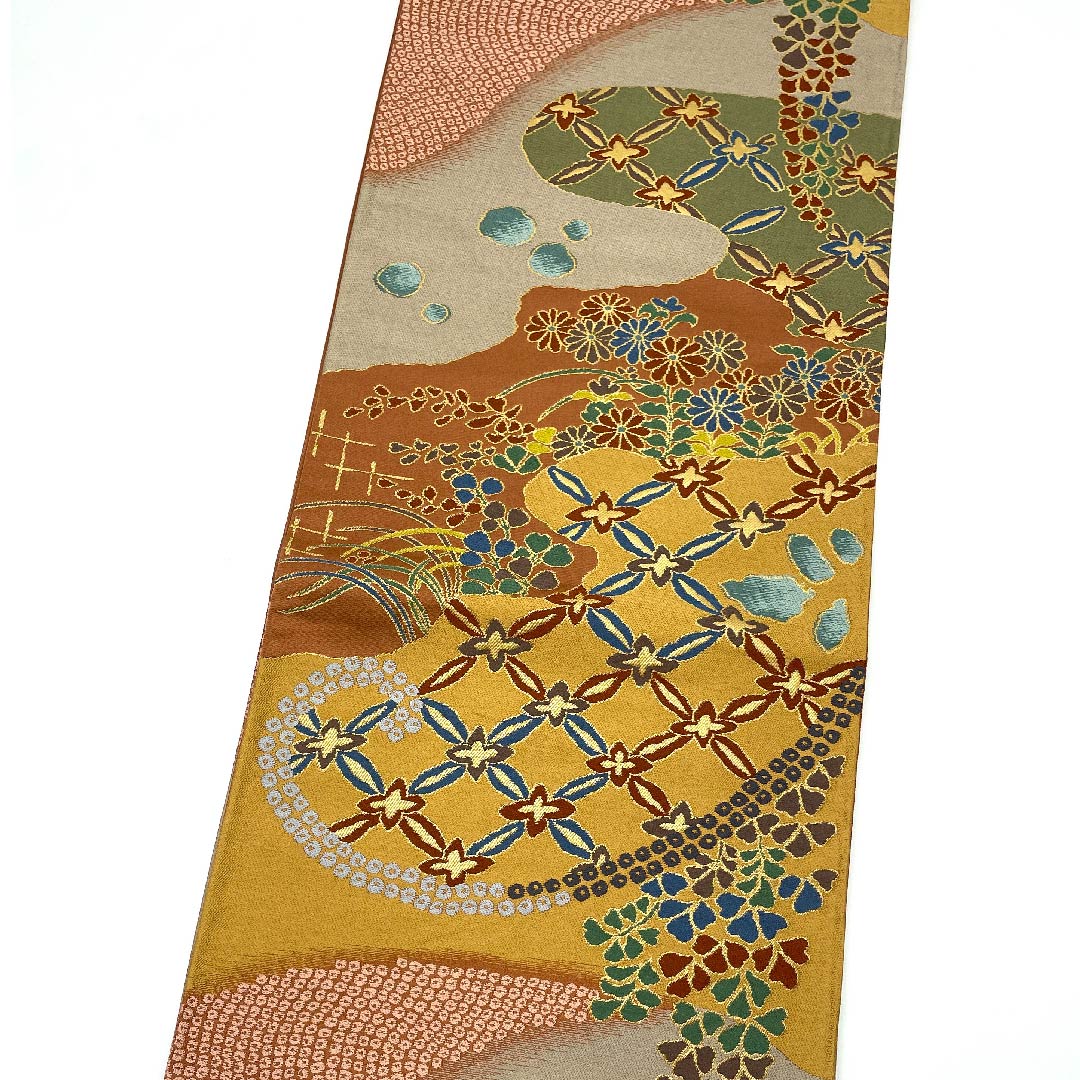 袋帯 弁柄色（べんがらいろ） 白綾苑大庭 藤 七宝 小菊 帯丈430cm 正絹 Sランク 六通 セミフォーマル グラデーション系 1123008662399
