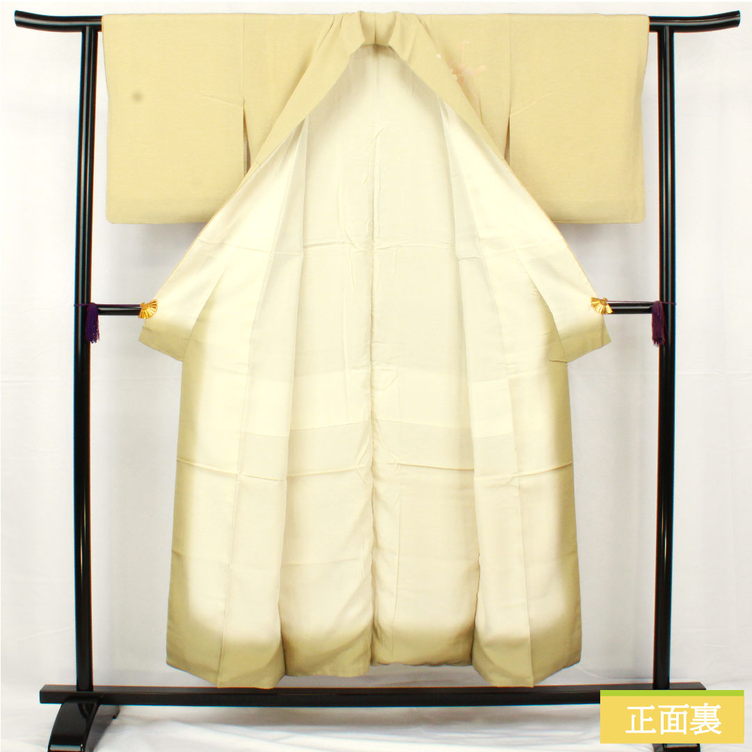 訪問着 正絹 袷 身丈151cm 裄丈61cm 硫黄色）いおういろ） 京友禅 草花模様 一つ紋 三ツ割藤 Aランク 緑系 1112005593219
