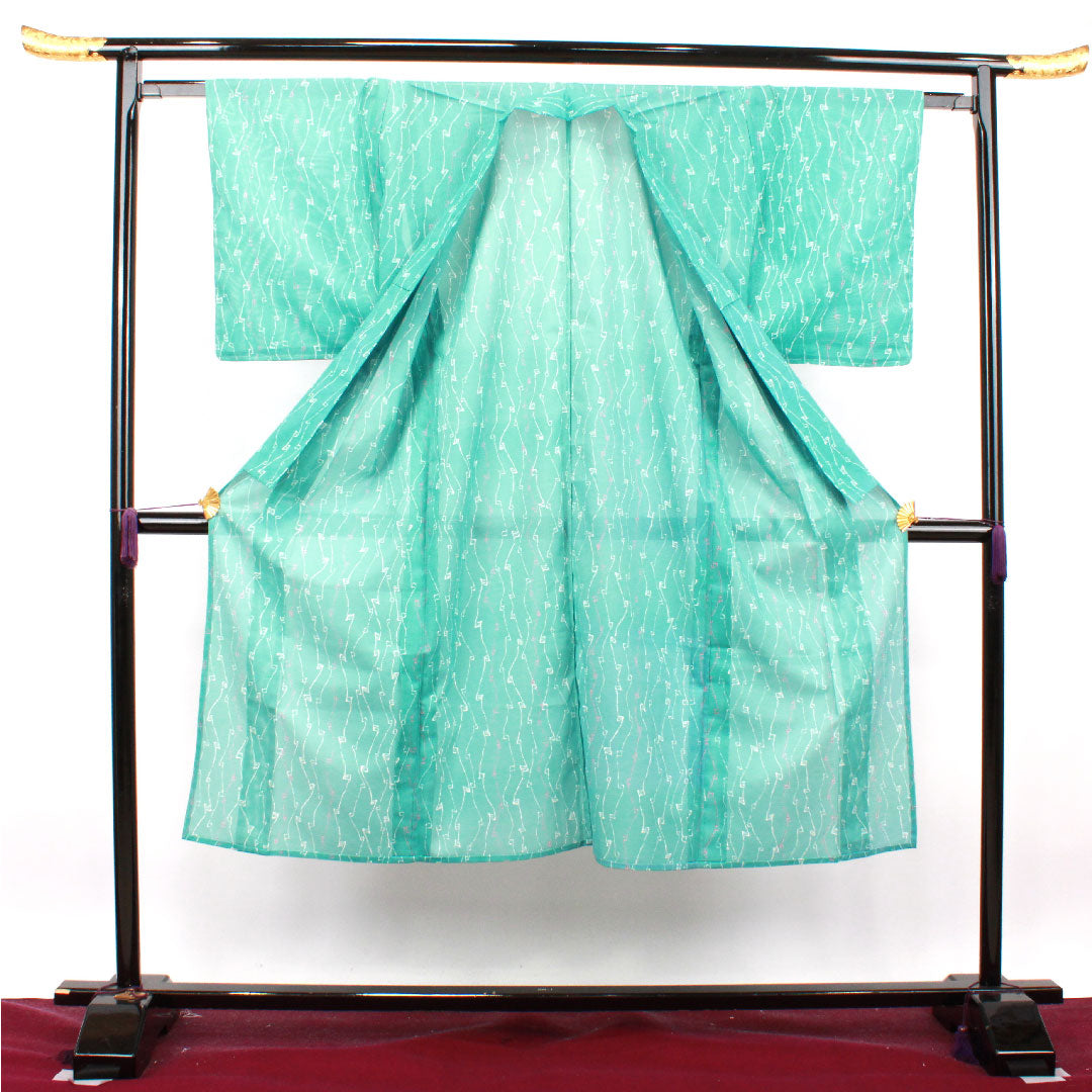 Summer kimono, polyester, small pattern, length 137cm, sleeve length 62cm, light blue, washable kimono, geometric pattern, with basting thread, silk, S rank, light blue, 1132001342124