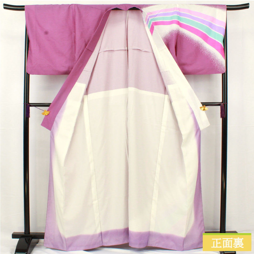 Homongi (formal kimono) made of polyester, single layer, length 161.5cm, sleeve length 66.5cm, aoi-iro (blue color), washable kimono, A rank, purple, 1112005383420