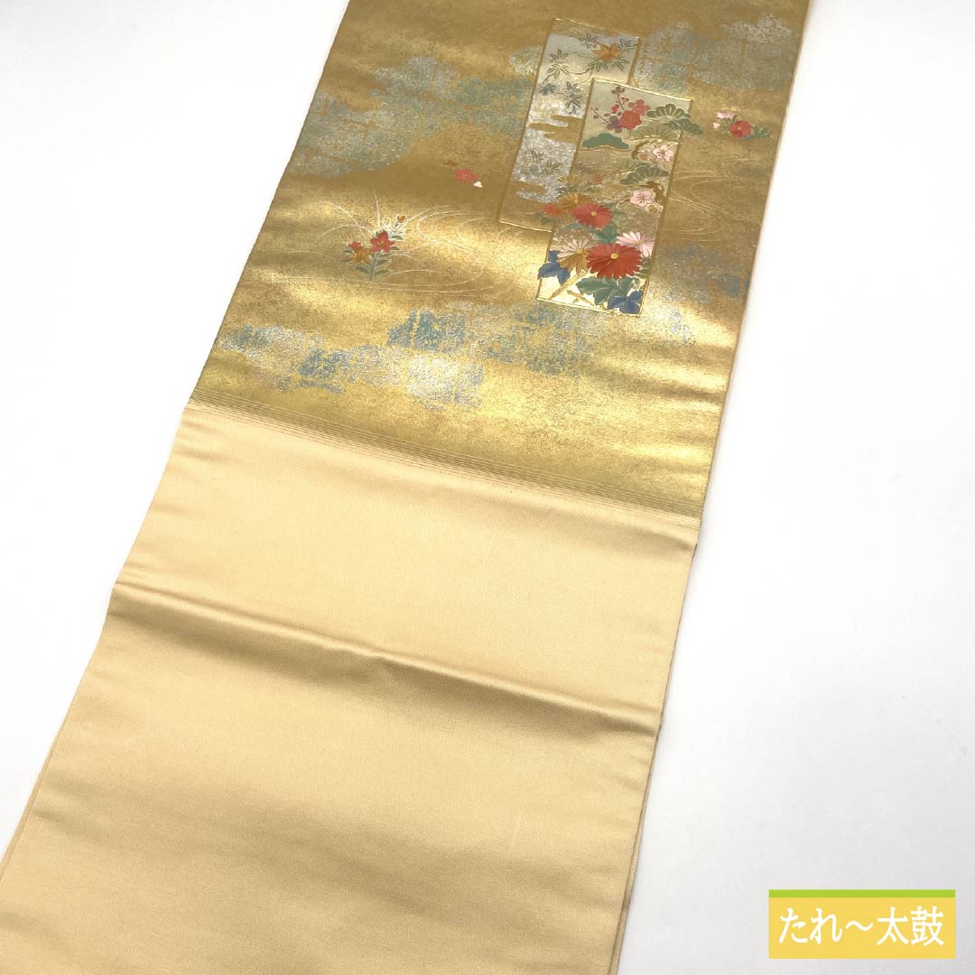Nagoya Obi Embroidered with Chrysanthemum, Cherry Blossom, and Plum Blossom Designs, 360cm Long, Pure Silk, S-Rank, Pointed Pattern, Gold, Semi-Formal, 1124008532321, Nagoya Style
