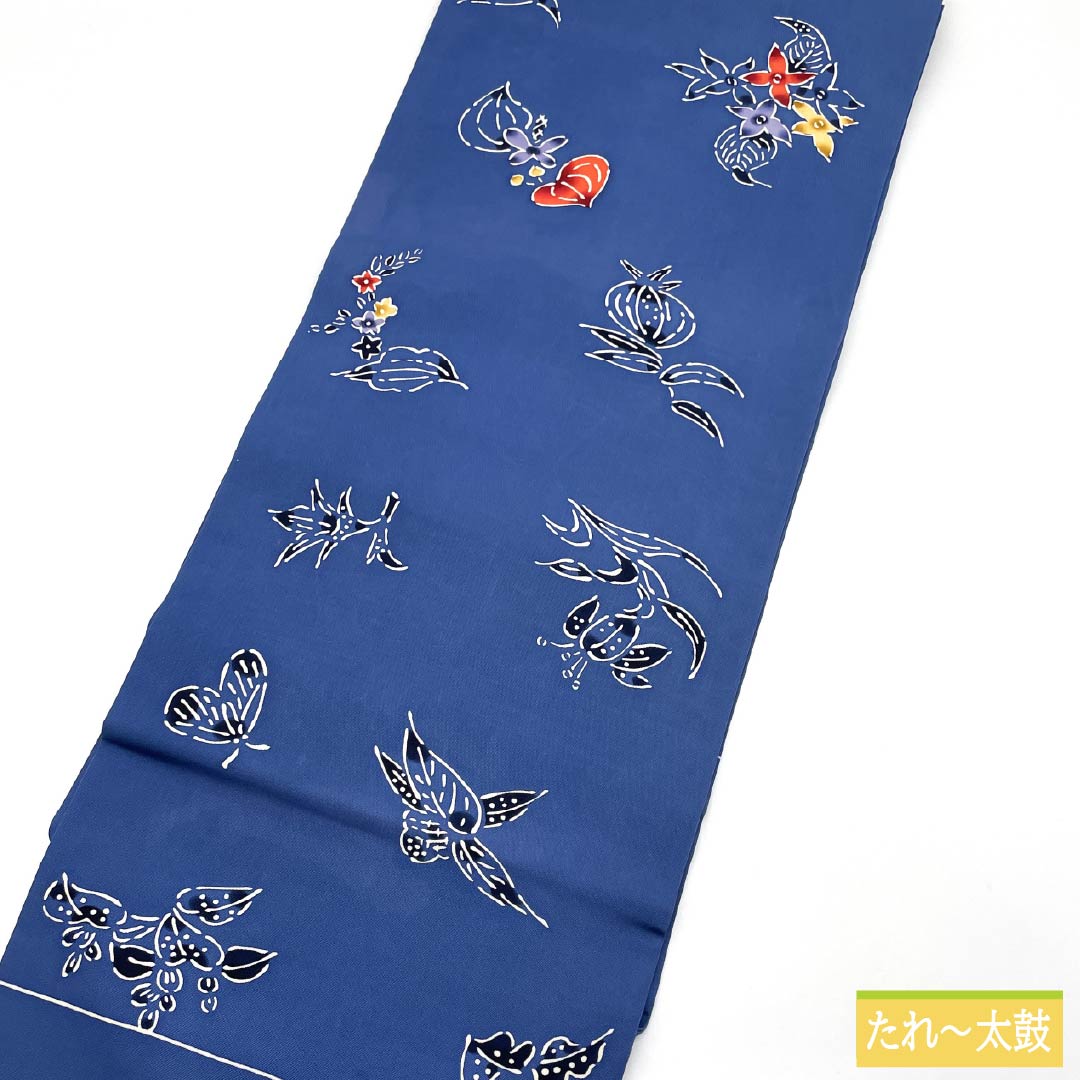 名古屋帯 正絹 Aランク 露草色（つゆくさいろ） 型染 紅型調 花模様 帯丈350cm ポイント柄 カジュアル 青系 1124010583317 名古屋仕立て
