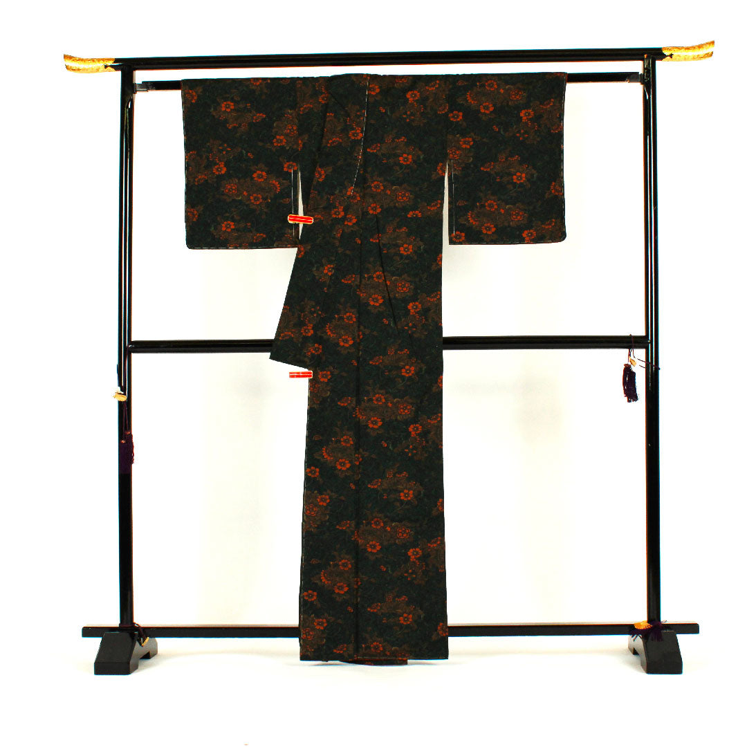 Komon, Length 164.5cm, Sleeve length 65cm, Awase, Hand-woven pongee, Flower pattern, Pure silk, S rank, Green, 1115000562419