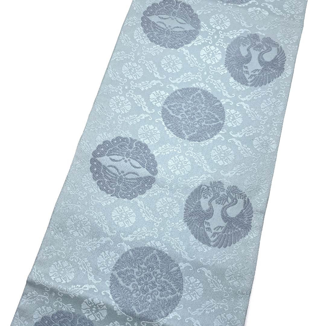 袋帯 淡水色（うすみずいろ） 王朝錦 鶴 蝶 宝相華 帯丈438cm 正絹 Aランク 六通 セミフォーマル 青系 1123008013317