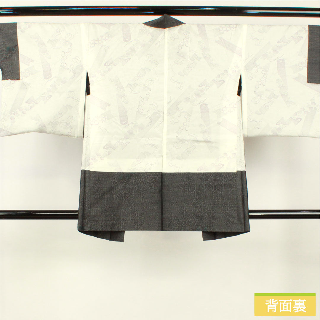 Haori, pure silk, length 84cm, sleeve length 66cm, Oshima Tsumugi, weft kasuri, floral pattern, S rank, lined, black, 1117001162910