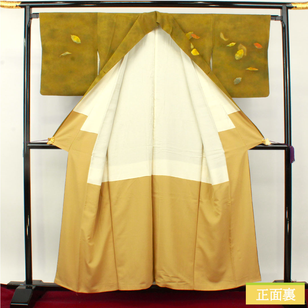 訪問着 正絹 袷 身丈157cm 裄丈66cm 青宣徳色（あおせんとくいろ） 濡れ描き 落葉模様 Aランク 緑系 1112004853319