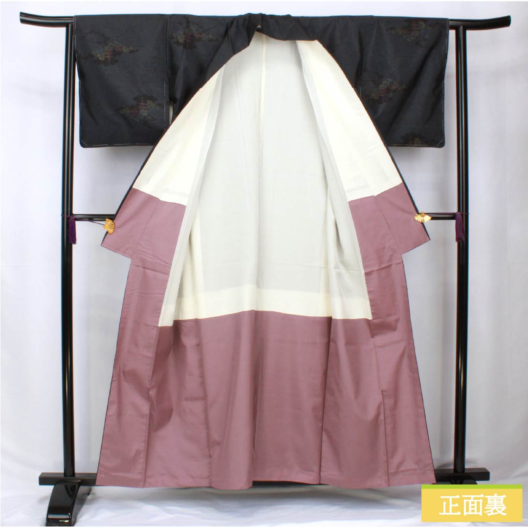 Silk Tsumugi Kimono, S-Rank, Length 158cm, Sleeve Length 62cm, Oshima Tsumugi, Double Kasuri Pattern, Cloud Pattern, Landscape Design, Lined, Black, 1116004052310
