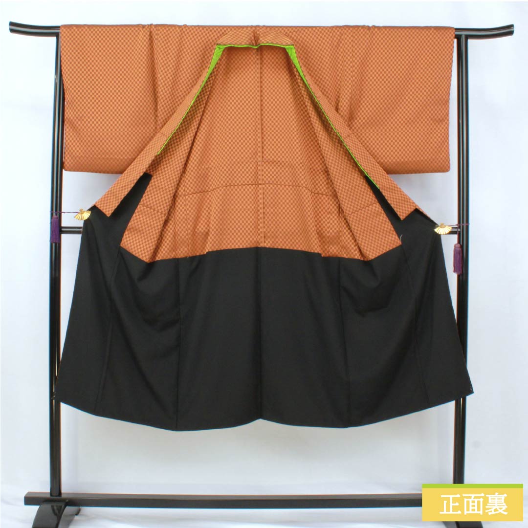 Men's polyester S-rank, length 133.5cm, sleeve length 66.5cm, dark koikuchibairo (dark leaf color), checkered pattern, unlined back, half-collar, lined, orange, 1119001372326