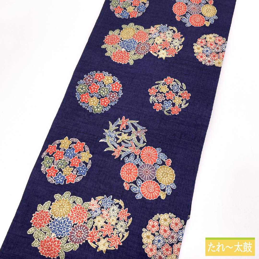 Nagoya Obi, Pure Silk, S-Rank, Gold-Blue, Stencil-Dyed, Flower and Circle Pattern, Autumn Leaves, Length 378cm, Full Length, Casual, Navy Blue, Item Number 1124009732318, Nagoya Style