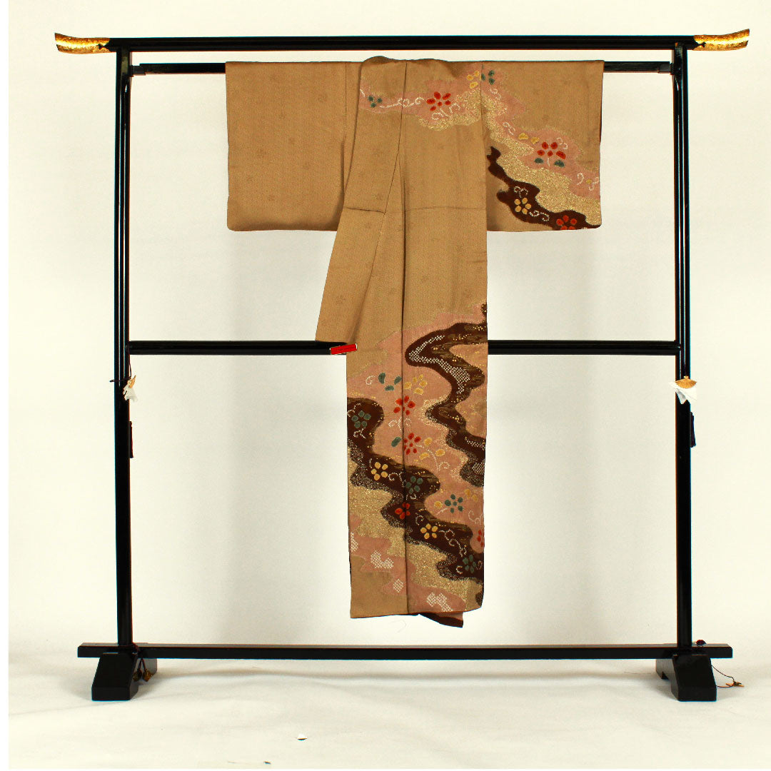 Homongi, lined, length 145.5cm, sleeve length 60cm, Sayagata, flowing water, tie-dye, pure silk, S rank, brown, 1112000302114