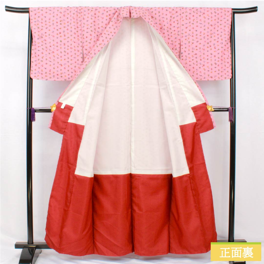 Small pattern, polyester, length 160cm, sleeve length 67cm, lined, one-kin dyeing, stencil dyeing, washable kimono, fruit, with basting thread, S rank, pink, 1115005022413