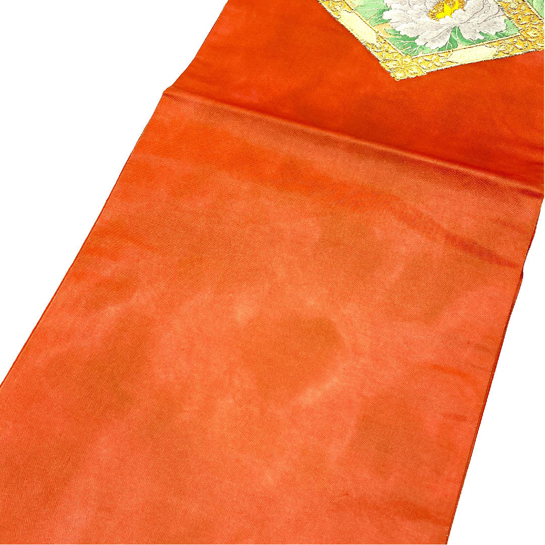 Fukuro obi with gold leaf, diamond and flower pattern, obi length 438cm, pure silk, S rank, point pattern, formal, vermilion, 1123003612316