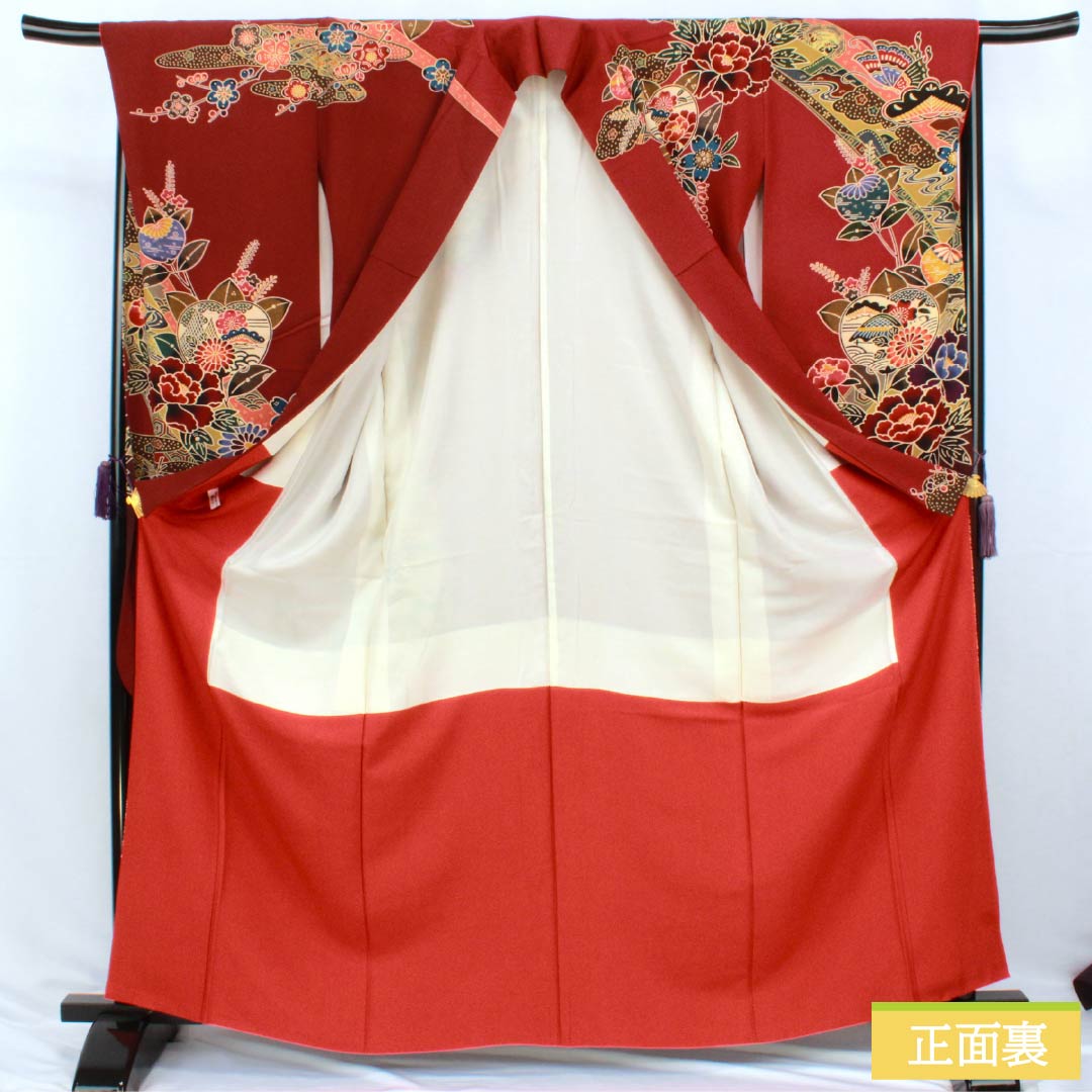 Kimono (Furisode) Pure Silk A Rank, Length 164.5cm, Sleeve-to-sleeve 67.5cm, Lined, Oxblood Red, Kyo-Bingata, Auspicious Motifs, Yume Guard Processed, Red tones, 1113002923412