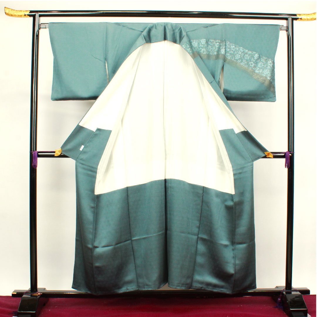 訪問着 袷 身丈154.5cm 裄丈66cm 錆納戸色 金彩加工 扇面 吉祥文様 正絹 Sランク 青系 1112002682217