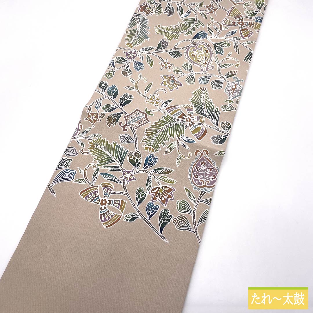 名古屋帯 正絹 Aランク 翁茶色（おきなちゃいろ） 型染 更紗文様 帯丈376cm ポイント柄 カジュアル ピンク系 1124010453313 開き仕立て
