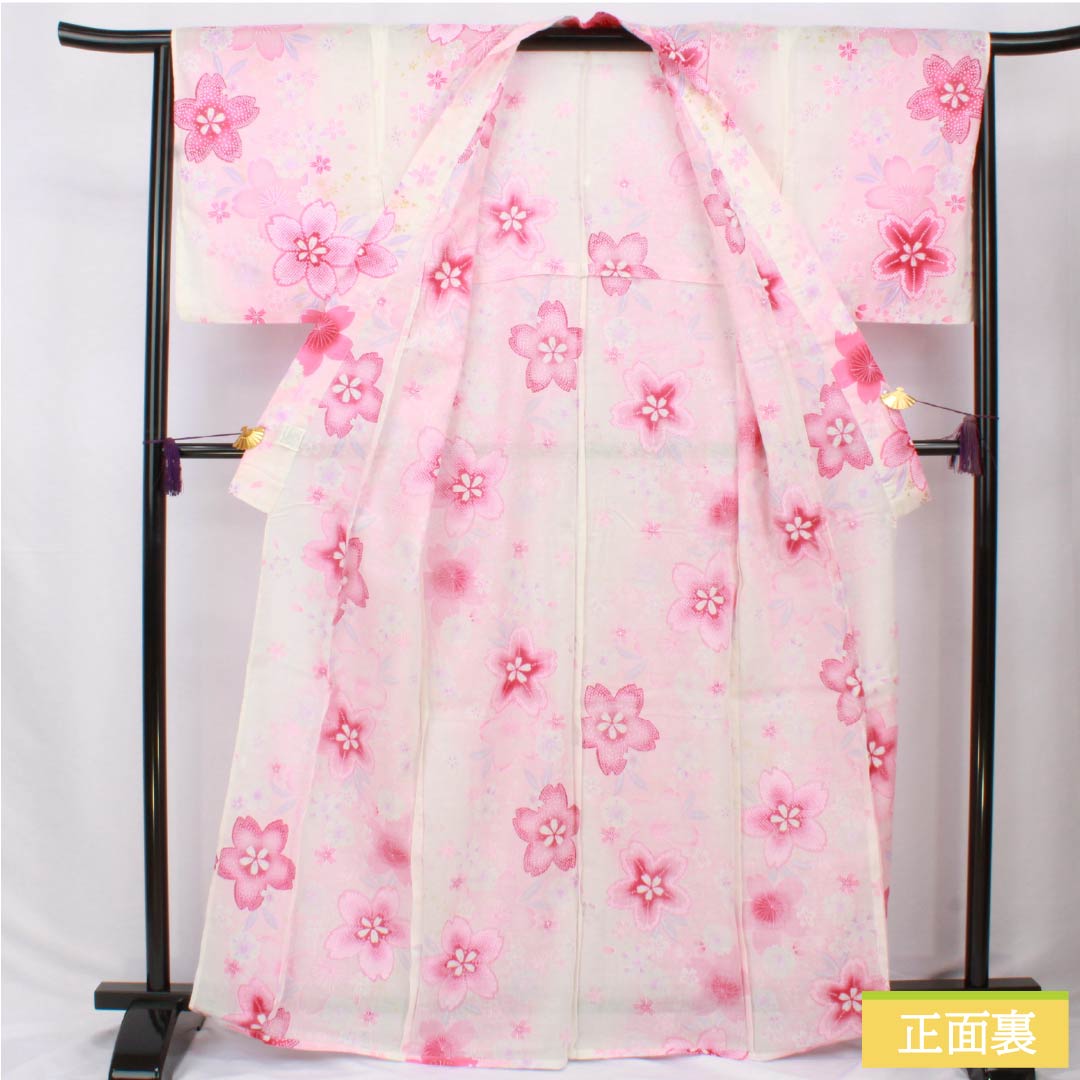 Cotton Yukata, Length 165.5cm, Sleeve Length 65cm, A Rank, Single Layer, Pink/Light Crimson (Asabe Niiro) with Cherry Blossom and Glitter Design, Product Number: 1118006123513